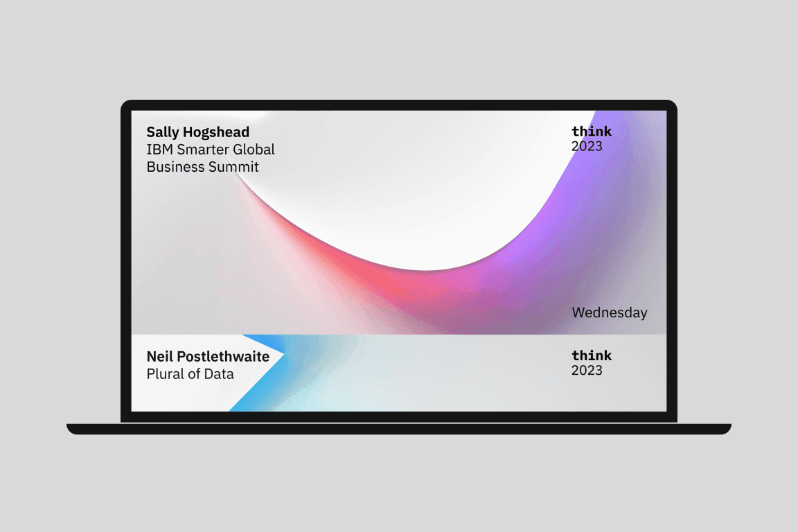 Think 2023 event announcements scrolling on laptop Think 2023 event announcements scrolling on laptop
